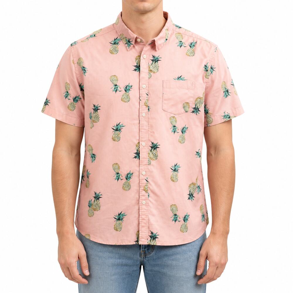 Urban Outfitters Shirt Mens Large Pink Pineapple Print Button Up Cotton Summer